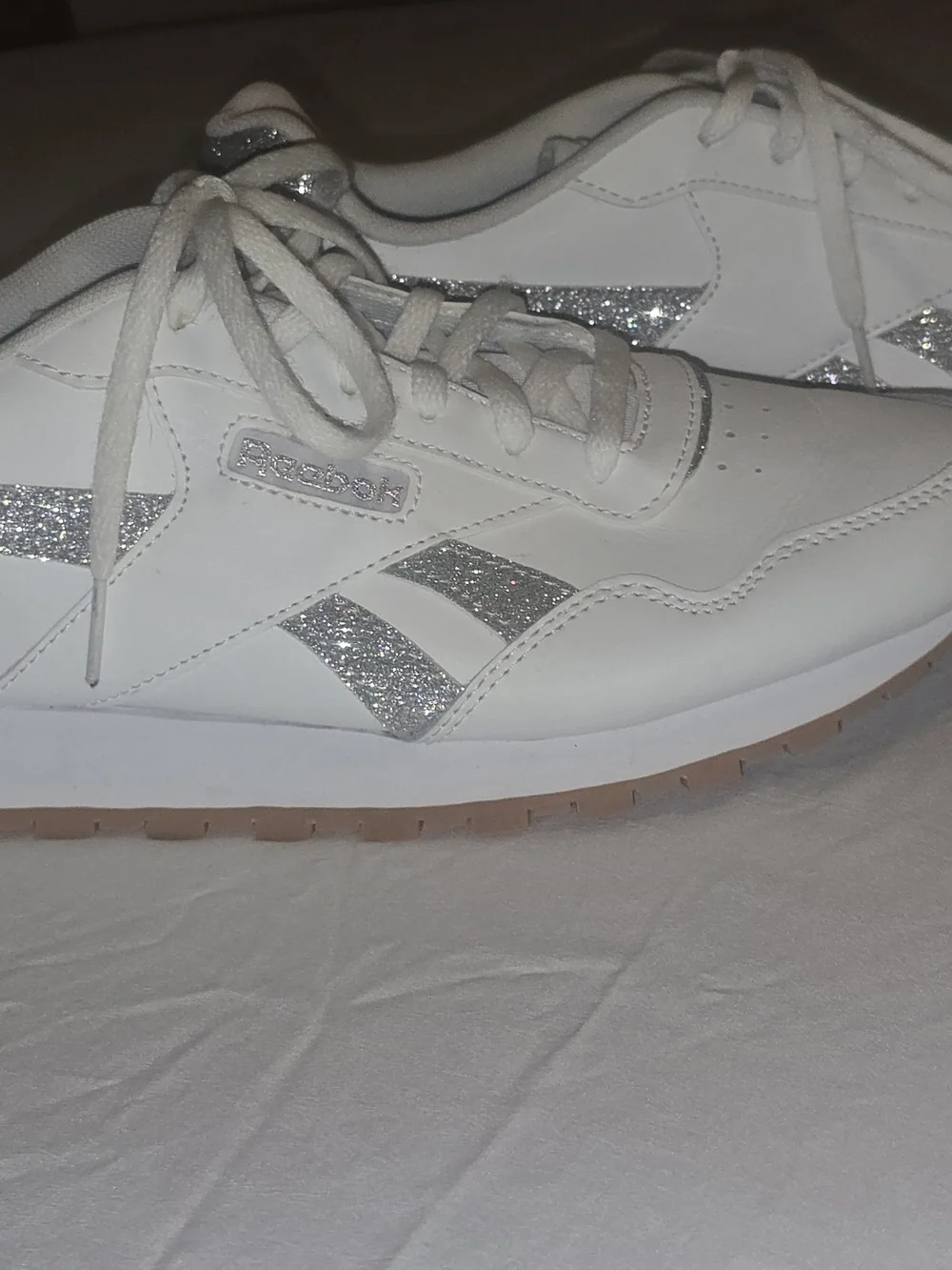 Reebok Women's White Sneakers with Silver Glitter Stripes